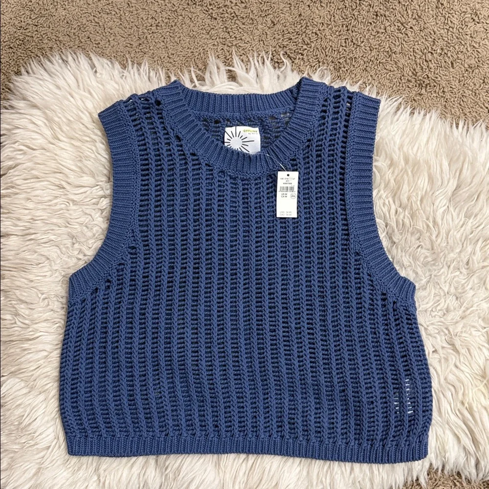 Aerie Easy High-Neck Crochet-Style Tank in‎ Cottage Blue Size Med NWT Lagenlook - Picture 2 of 7